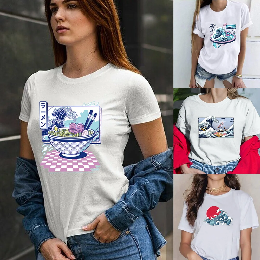

New T-Shirt Women 2023 Summer Fashion Wave Printed Short Sleeve Harajuku Korean Style Short Sleeves Clothes Female Commuter Tops
