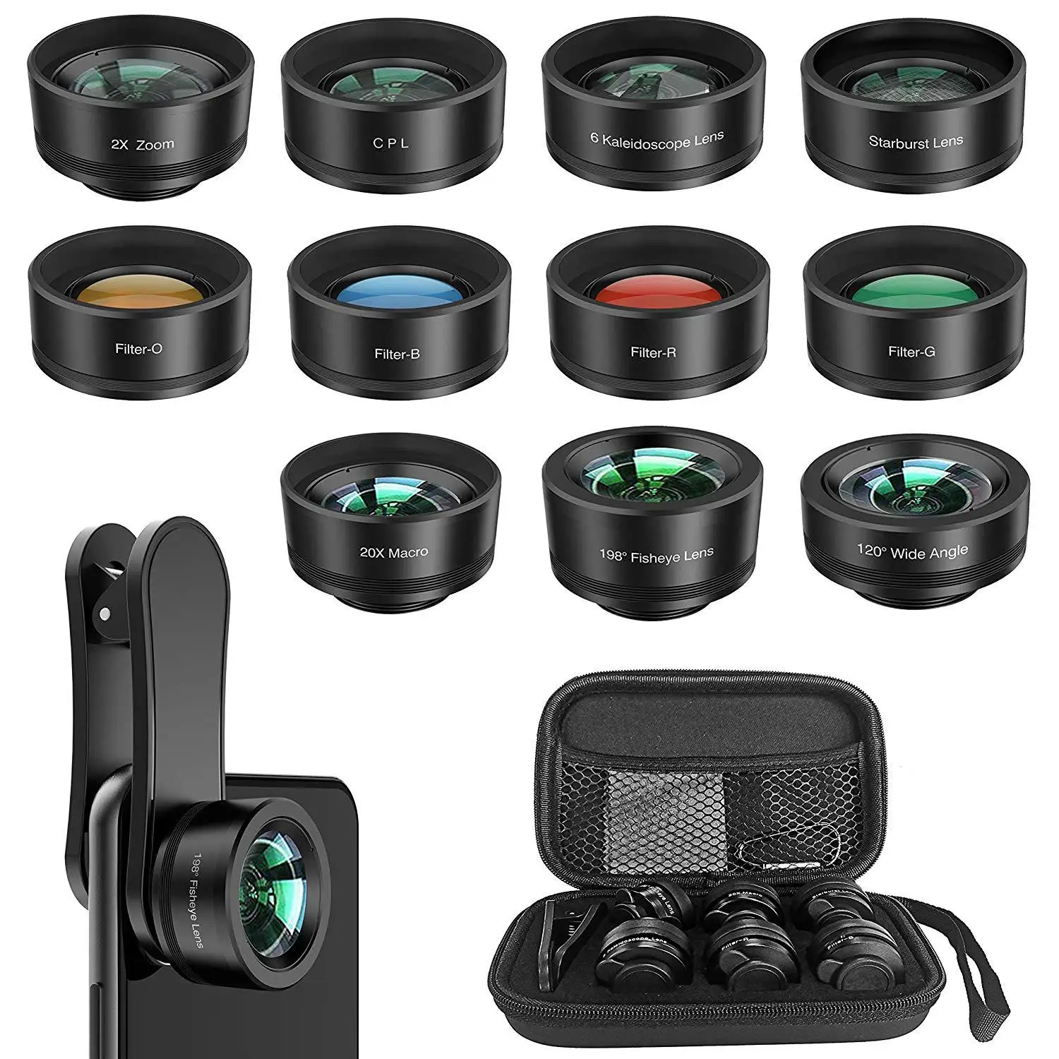

11 in 1 Set HD Camera Phone Lens 2X Zoom +CPL+Fliter+Starburst Lens 20X Marco 198' Fisheye 120' Wide Angle for Phone