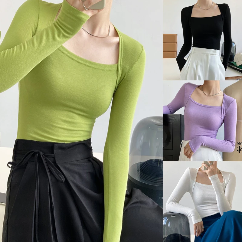 

Французская нежная футболка с длинным рукавом и квадратным вырезом, Женский облегающий топ из двух частей, осенняя однотонная нижняя рубашка