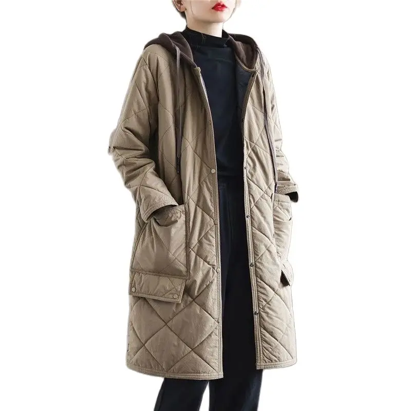 

Overcoat Parka Women Loose Casual Long Outerwear High-Quality Warm Cotton Hooded Ladies jacket Retro Stripe Padded Cotton Coat