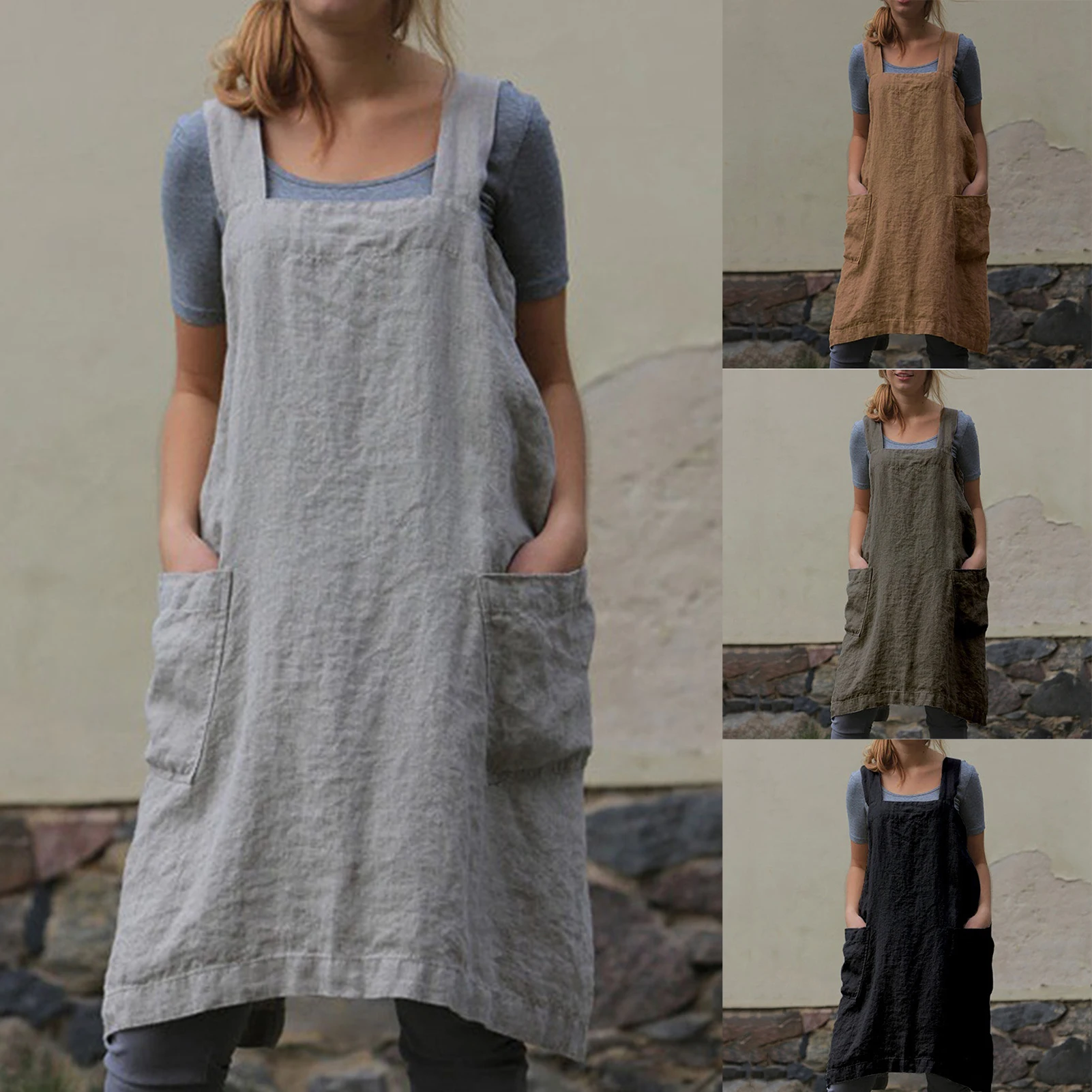 

Women Men Kitchen Aprons Large Pockets Cross Back Linen Cotton Restaurant Apron Solid Casual Style Sleeveless Housework Suit