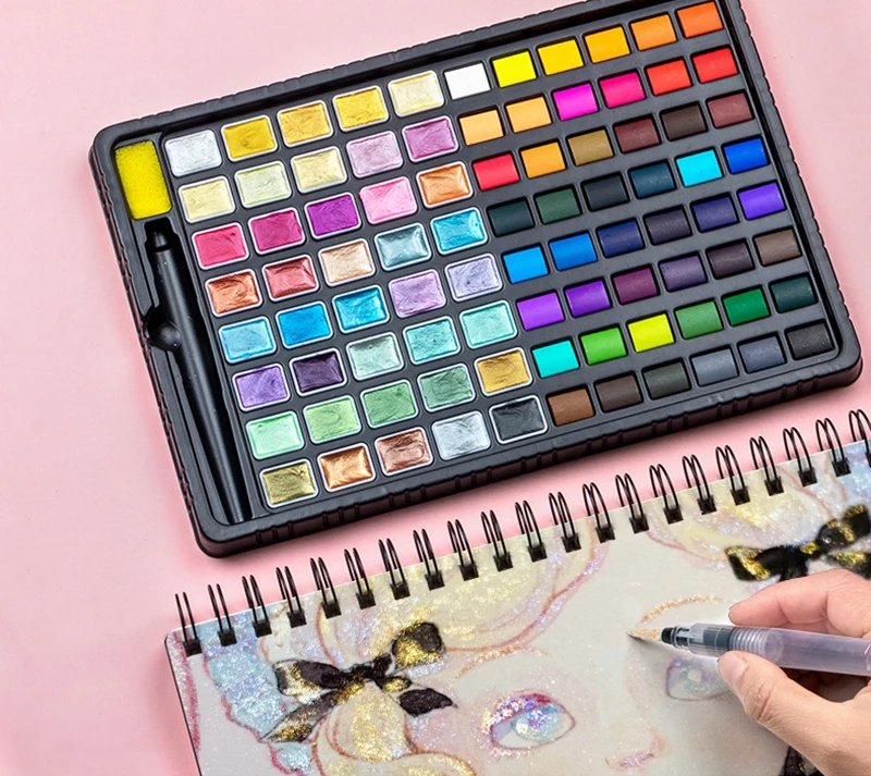 

88 ярких цветов, зеркальный металлический перламутровый однотонный акварельный пигмент с водяной кистью, художественные принадлежности для рисования