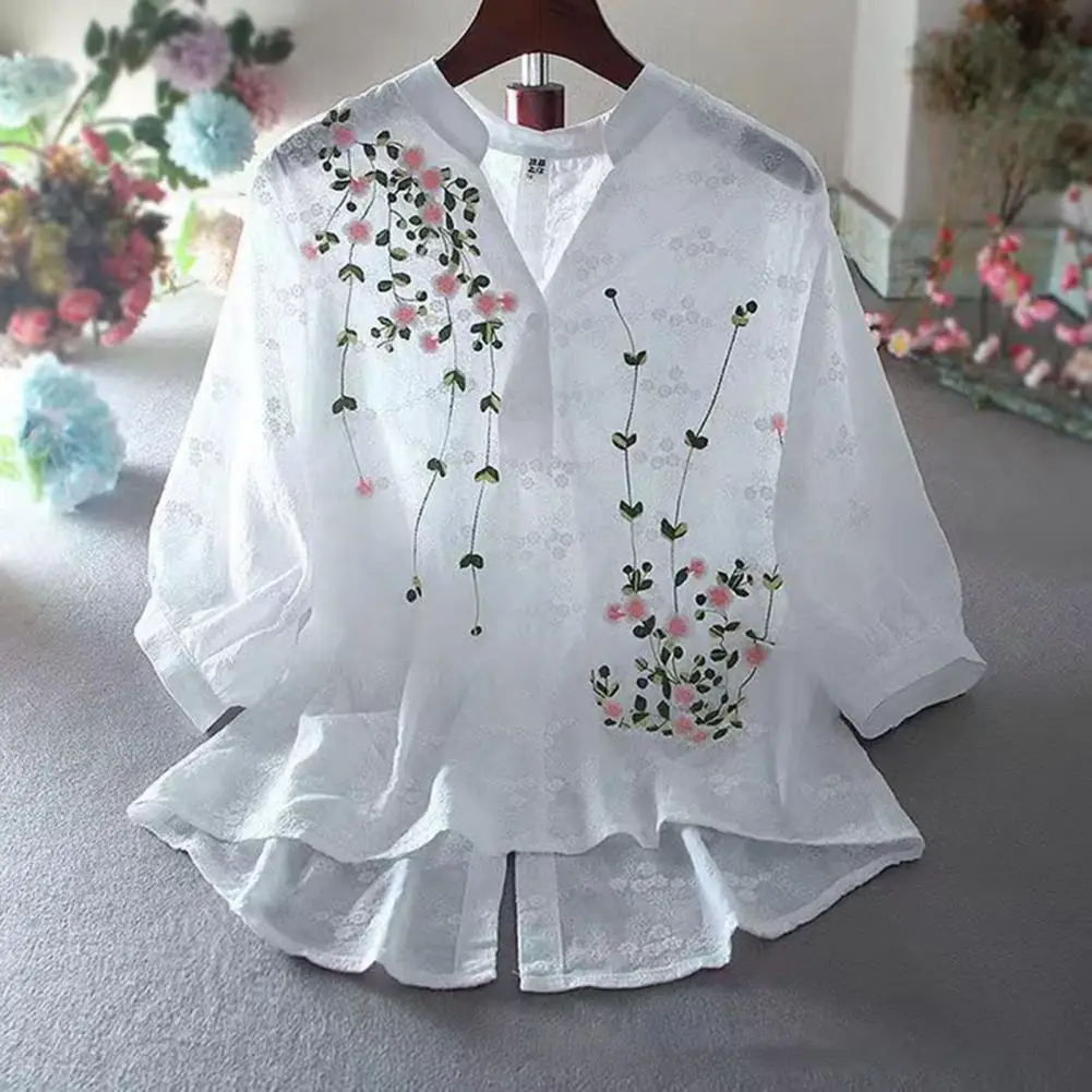 

Elegant Stand Collar Shirt Vintage-inspired Embroidered Floral Shirts for Women Stand Collar V-neck Loose Fit 3/4 Sleeve Tops