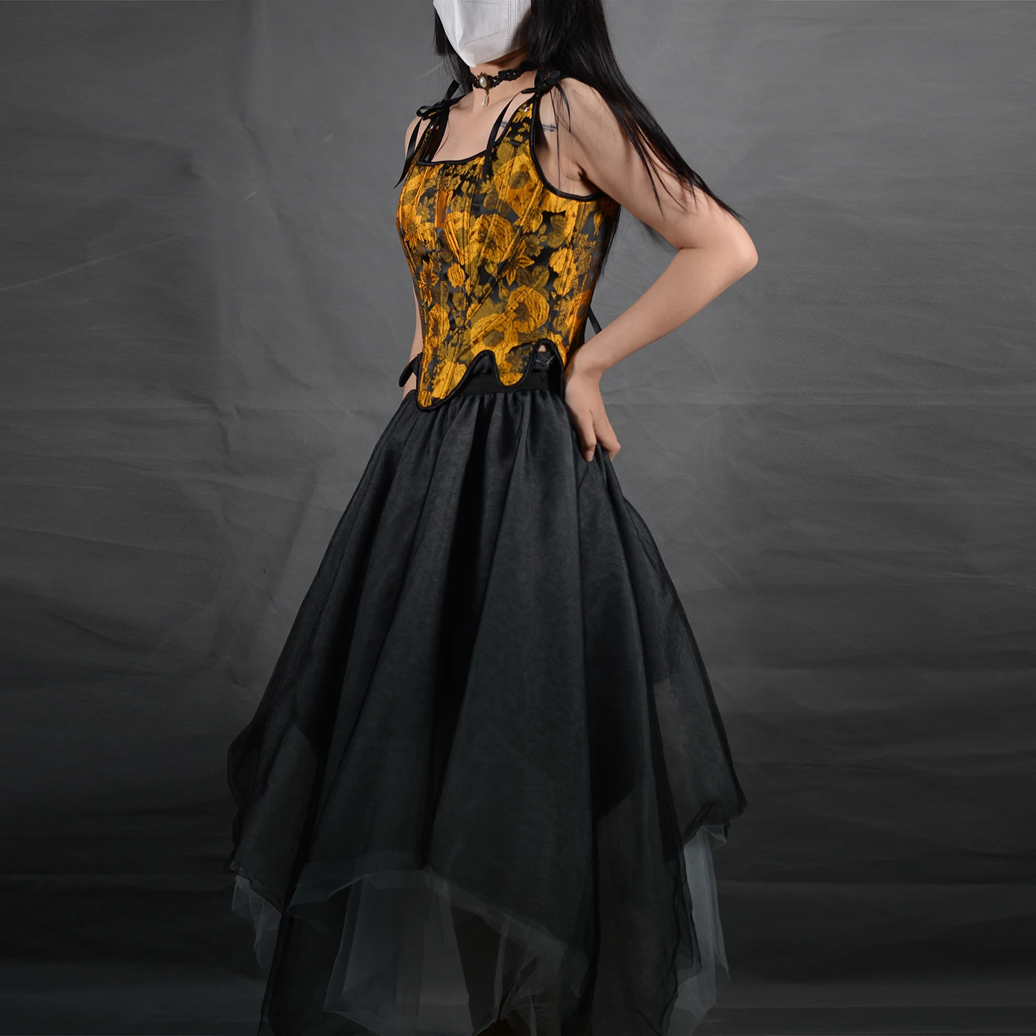 Женский винтажный корсет на шнуровке с вышивкой подсолнуховое масло