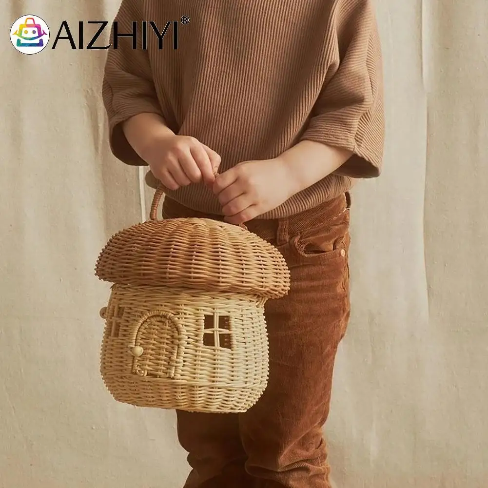 

Bohemian Simple Handmade Rattan Mushroom Basket Woven Cute Desktop Decoration Organizer Toy Retro Large Capacity Top-Handle Bags