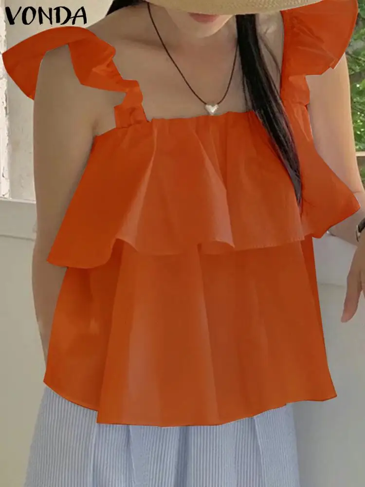 

VONDA женская блузка с оборками и квадратным воротником, модные женские топы без рукавов 2023, однотонные повседневные рубашки, свободные блузы для женщин