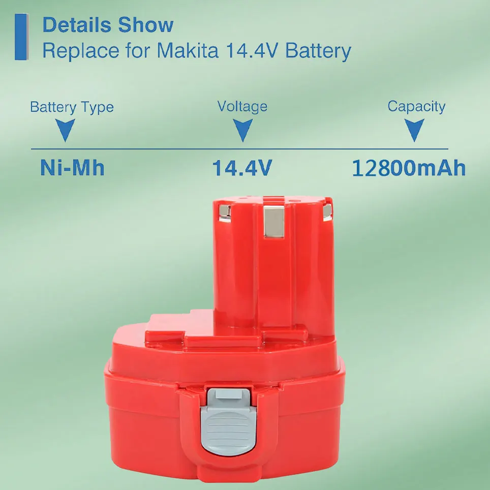 

12800mAh 1434 Ni-Mh Replacement 14.4V Battery Compatible with Makita PA14 1433 1435 1435F 192600-1 193985-8 193157-5 193158-3