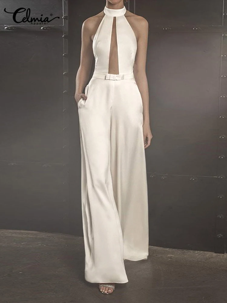 

Elegant Halter Backless Jumpsuits Celmia Sexy Party Hollow Out Sleeveless Long Rompers Fashion Wide Leg Pocket Evening Leggings