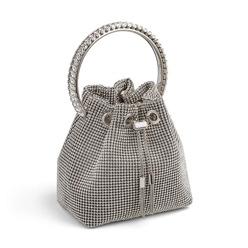 

Designer Crystal Mesh Bucket Handbags Luxury Diamonds Evening Bag Rhinestones Chains Shoulder Crossbody Bags Small Party Purses