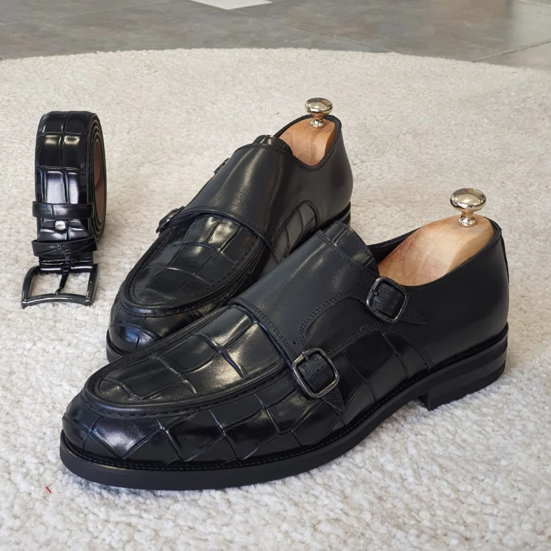 

Men Monk Loafers Solid Color Crocodile Pattern PU Thick Sole Double Buckle Fashion Business Casual Wedding Daily Dress Shoes