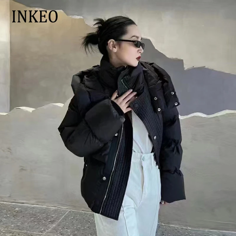 

Casual Women Hooded short down jacket Turtleneck Outerwear Solid 2022 Winter Thickened Fluffy Puffer coat Elegant INKEO 2O168