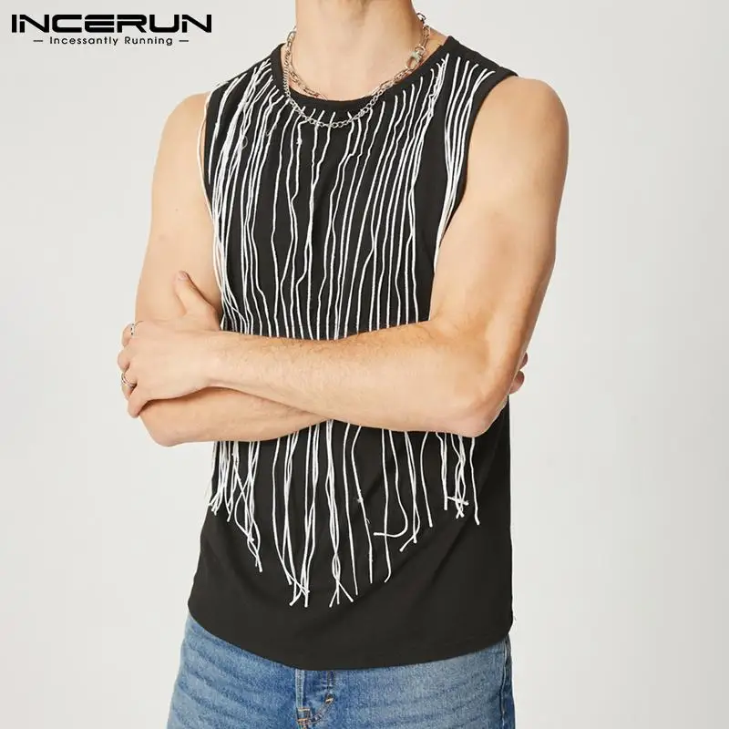 

INCERUN Tops 2023 American Style New Men's Sexy Leisure Waistcoat Fashion Casual Male Silver Fringed Sleeveless Tank Tops S-5XL