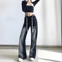 street style twist belt washed old wide leg pants 2022 spring straight black new fashion jeans women fairy grung e girl traf alt