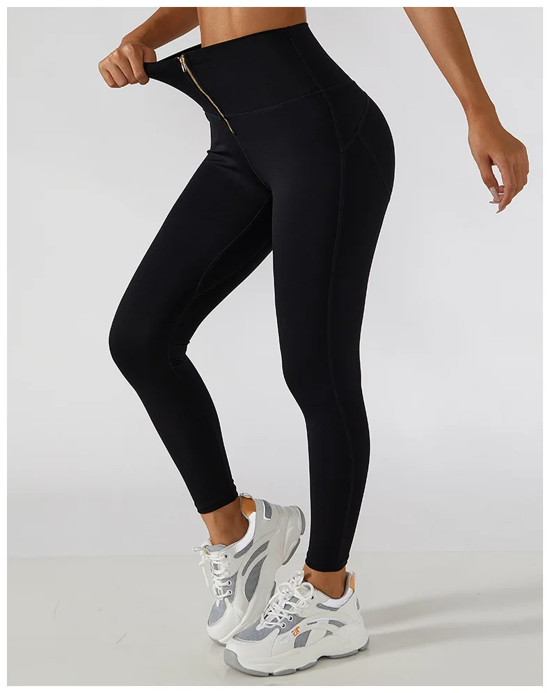 Zipper Sport Women Cycling Push Up Leggings High Waist Gym Pants Solid Female Tight Trousers