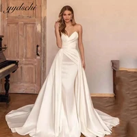 elegant white mermaid wedding dresses sleeveless soft satin pleated removable skirt long bride gowns court train for women 2022