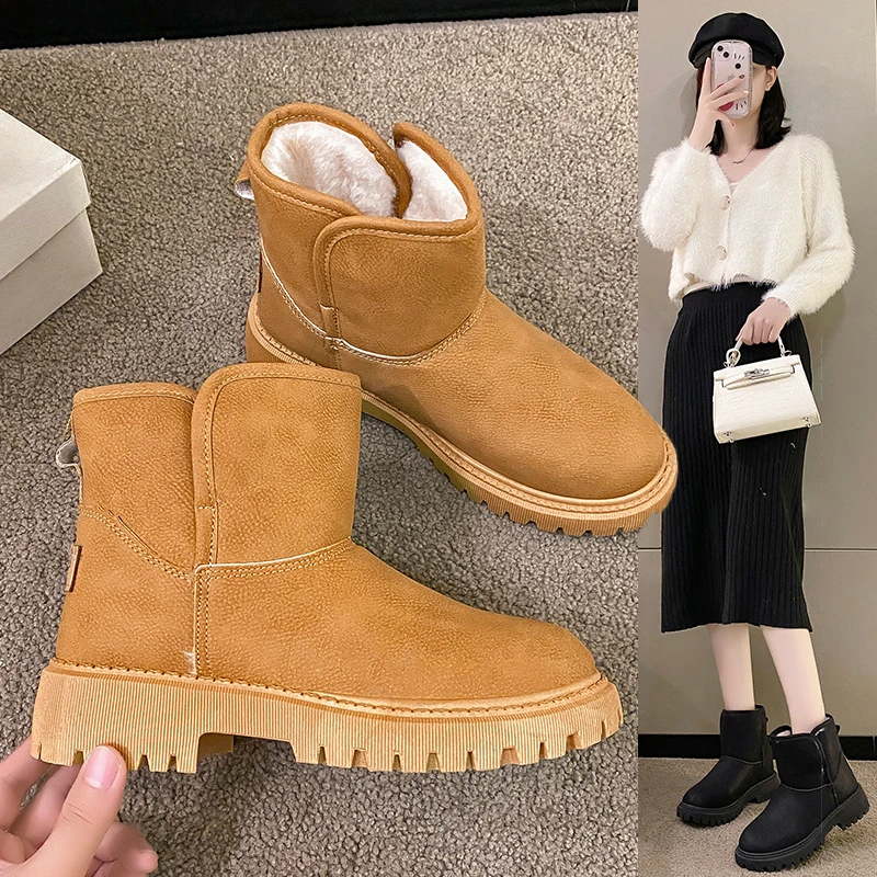 

New Winter Women Short Plush Warm Snow Boots Flats Casual Shoes Suede Fur Chelsea Ankle Boots Platform Ladies Shoes Botas Mujer