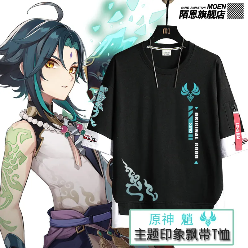 

Anime Game Genshin Impact Xiao Cosplay Summer Unisex Round Collar T-shirt Basic Short Sleeve Daily Casual Tee Tops Harajuku Gift