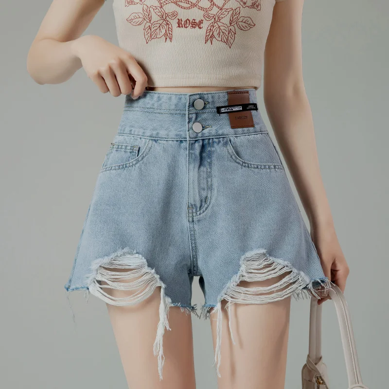 

Summer Ripped Jeans Shorts Women High Waist Tassel Cuffs Hot Denim Shorts Pants Bottoms Korean Fashion Wide Leg Shorts 2022 New