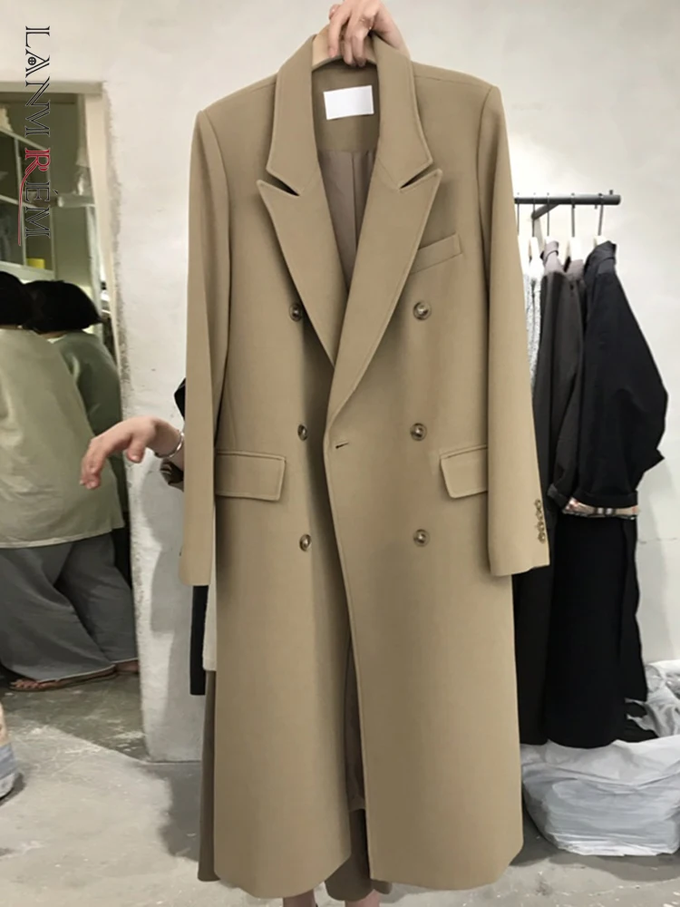 

LANMREM офисные женские длинные блейзеры с зубчатым воротником, двубортное однотонное пальто, женская мода 2023, осенняя новая одежда 2AA1867