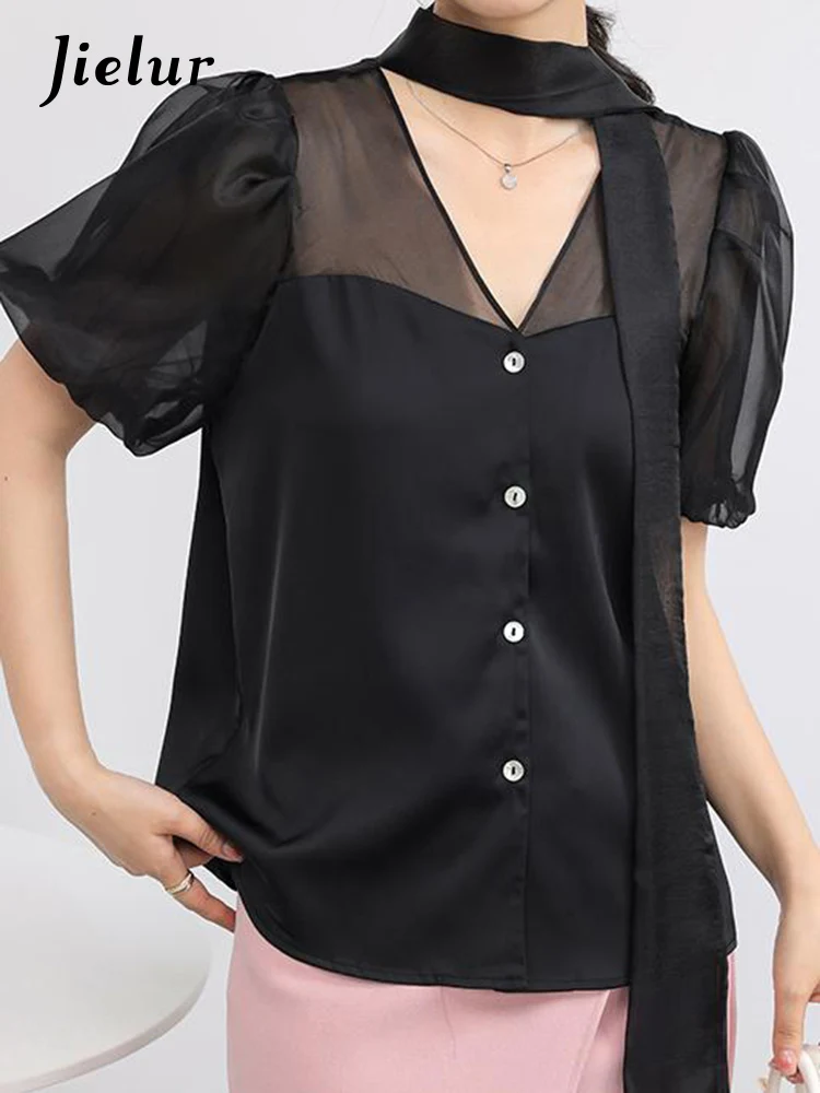 Jielur Летняя новая однотонная тонкая женская блузка милая Элегантная для женщин