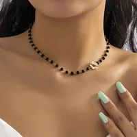 new fashion black acrylic beads clavicle chain choker necklace for women geometric flowers clasp pendant collier boho jewelry