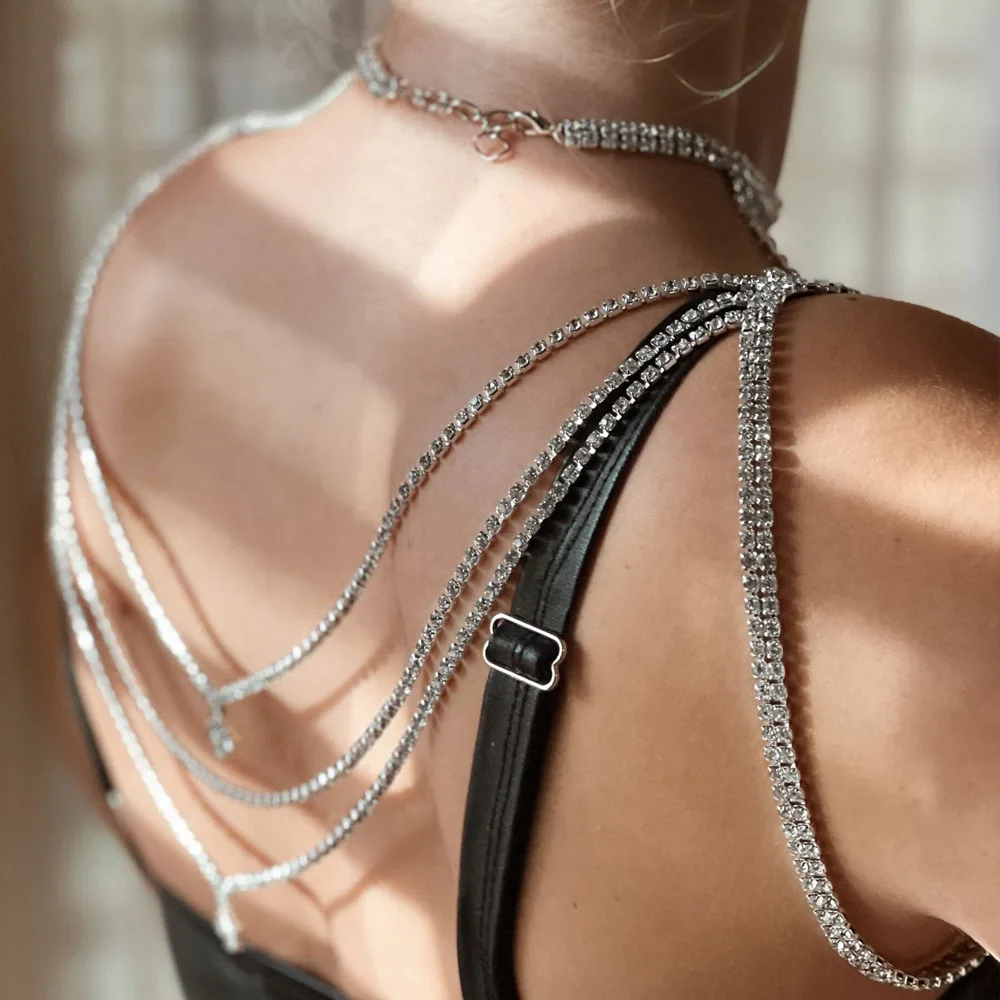 

Stonefans Trendy Multilayer Tassel Rhinestone Shoulder Chain Wedding Body Jewelry Women Crystal Bridal Strap Shoulder Necklace