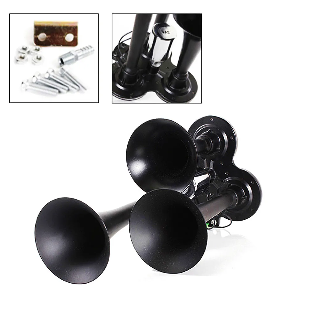 

Black Metal 12V/24V 150db Motorcycle Car Compact Air Horn Kit Triple Trumpet Ultra Loud 3 Tone Sound