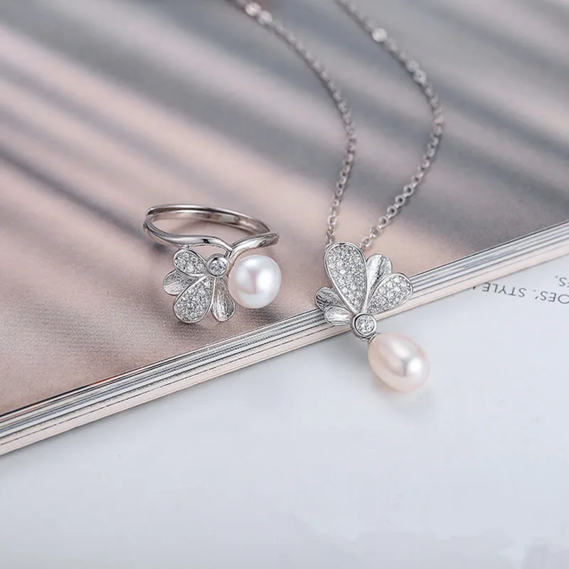 

Pure 925 Sterling Silver Women's Jewelry Set Flower Necklace Ring For Women Bride Wedding Party Silver 925 Fine Jewelry Gift