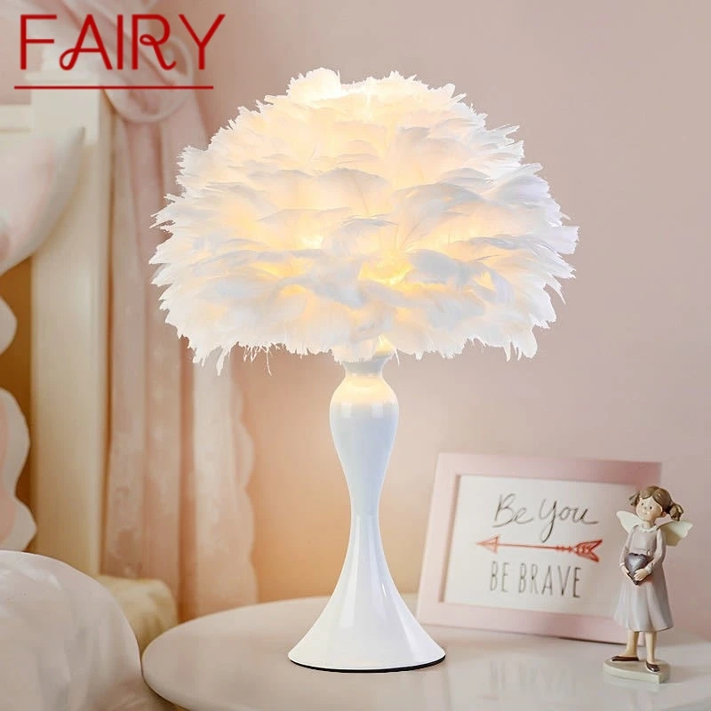 

FAIRY Modern Table Lamp LED Creative Design Fashion White Feather Desk Light for Home Living Room Girl‘s Bedroom Bedside Decor