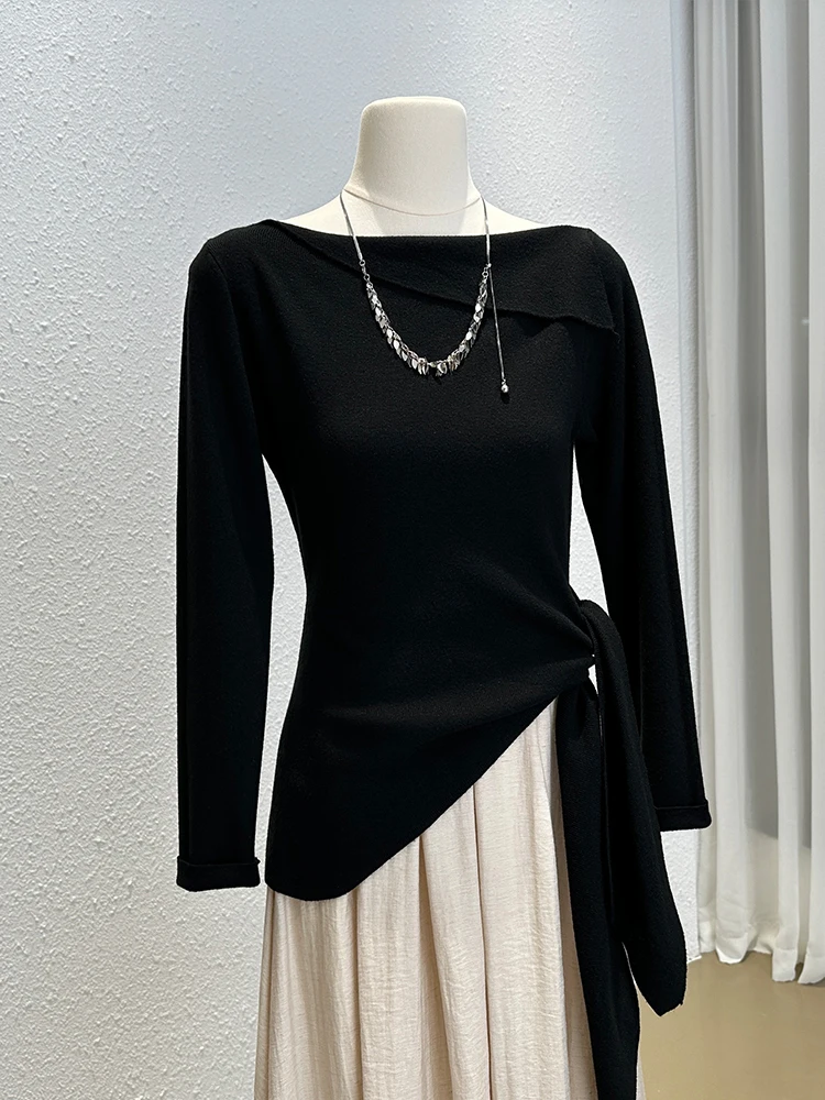 Gentle Sle Sweet Knitted Long sleeves Shirt Women Autumn Fashion Temperament off-Neck Lace-up Bottoming Unique Top