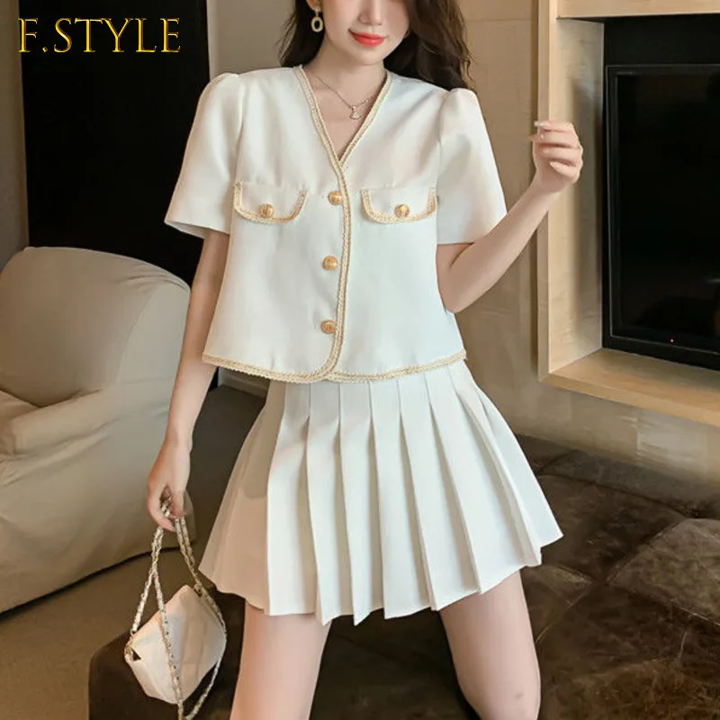 2022 Summer New Women Two Piece Set Short Sleeve V-neck Tops With Shorts Fashion Elegant High Waist Mini Pleated Skirt Suits