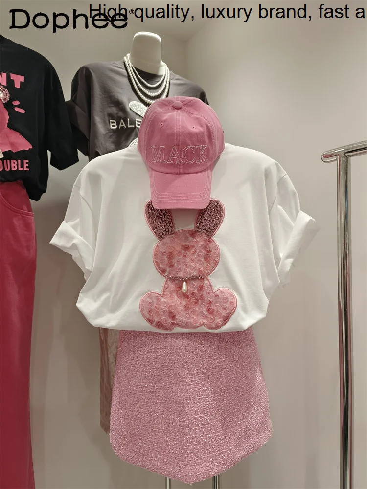 

Loose Heavy Industry Casual Cotton Short-Sleeve T-shirt Three-Dimensional Flowers Cartoon White T Shirt Top Spring Summer Tees