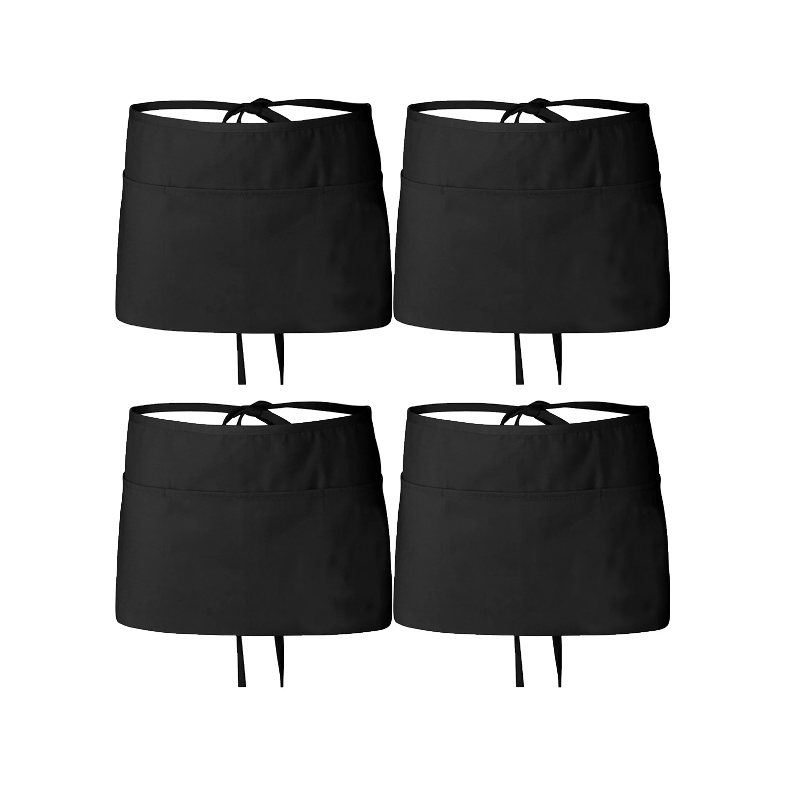 

4pcs Cafe Waiter Waitress Half Lightweight Comfortable Breathable Elegant 3 Pockets Black Short Service Waist Apron Professional