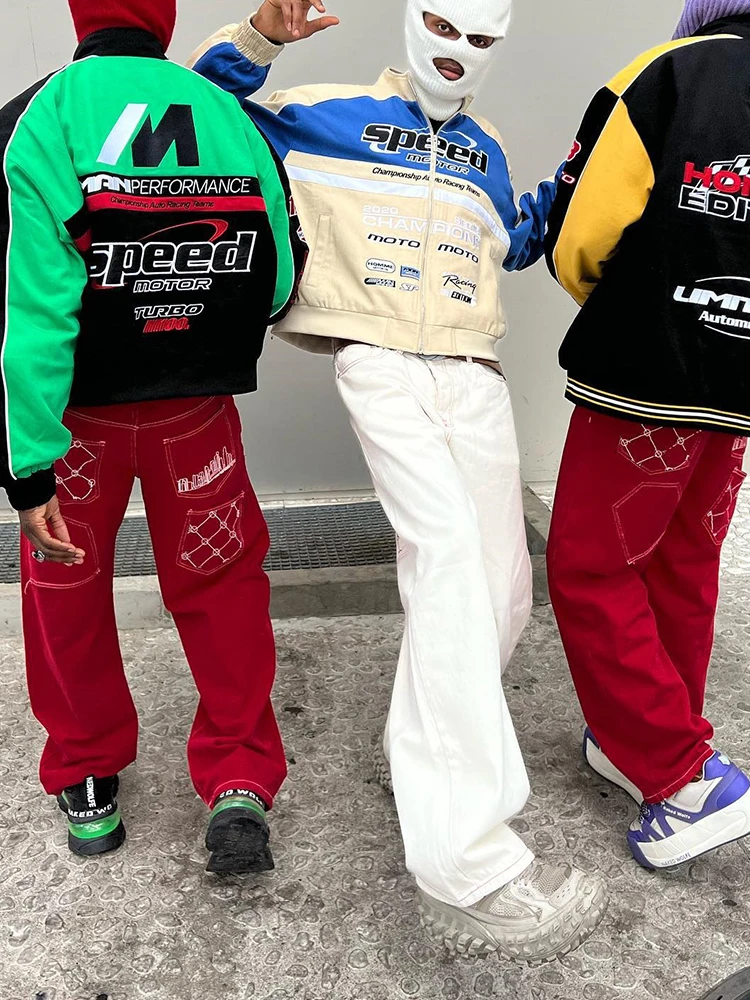 Latest Design Y2k Baggy Pants For Men Fashion Pockets Embroidery Casual Bottoms Streetwear Red Loose Fit Straight Wide Leg Jeans