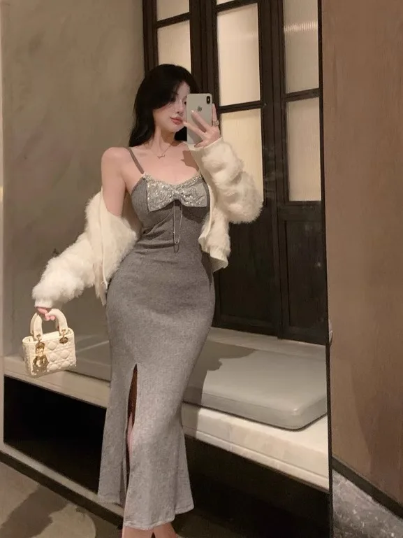 Qiake Girl Pure Desire Sle черное трикотажное платье с v-образным вырезом женское осеннее