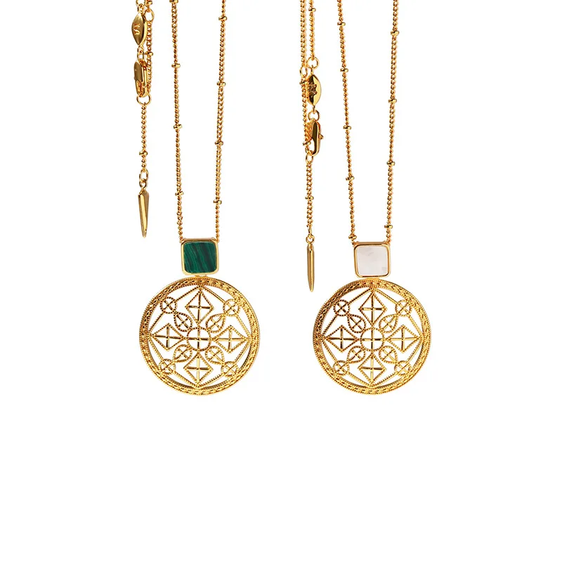 

Модное ожерелье в стиле ретро, изысканная личность, креативная цепочка с золотистым полым большим круглым цветком малахит, простые ювелирн...