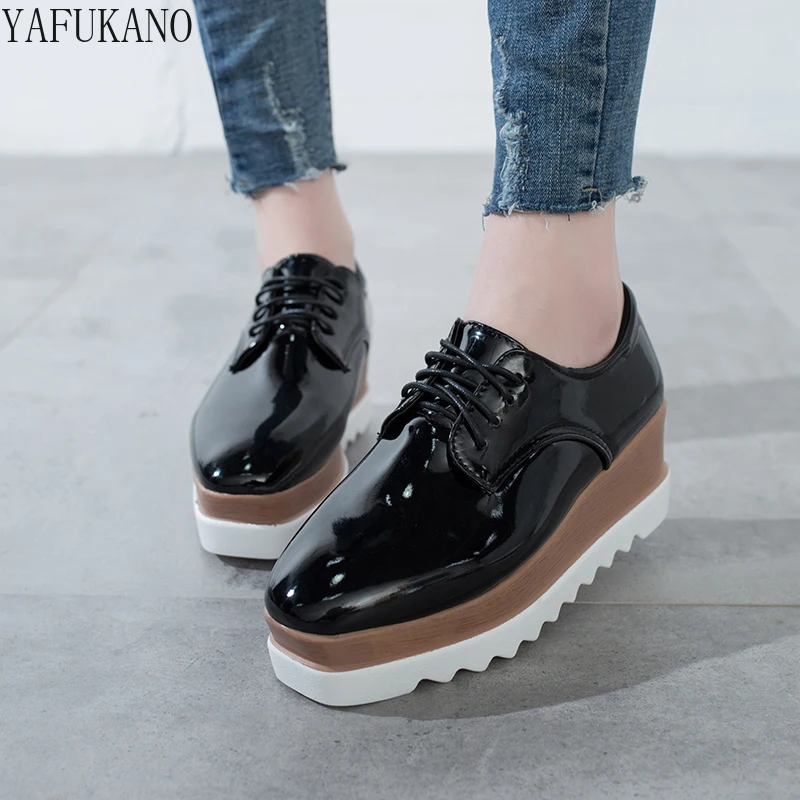 

Однотонные женские туфли из лакированной кожи, на шнуровке, на толстом каблуке, туфли-оксфорды с увеличенной платформой, женские лоферы, повседневная обувь, женская обувь