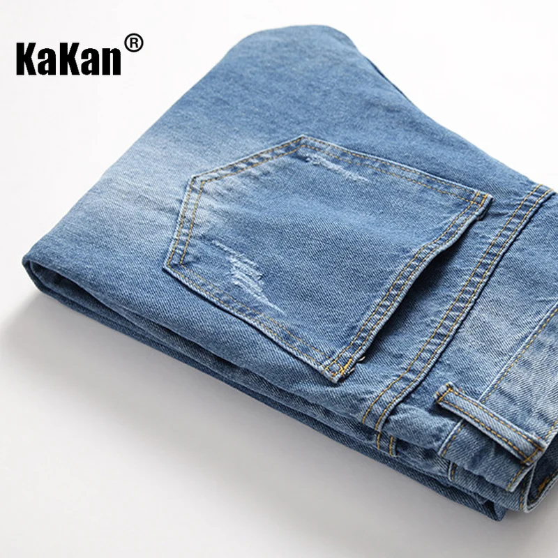 Kakan - New European and American Style Ripped Straight Leg Jeans for Men, Blue Distressed Washed Casual Jeans K36-339
