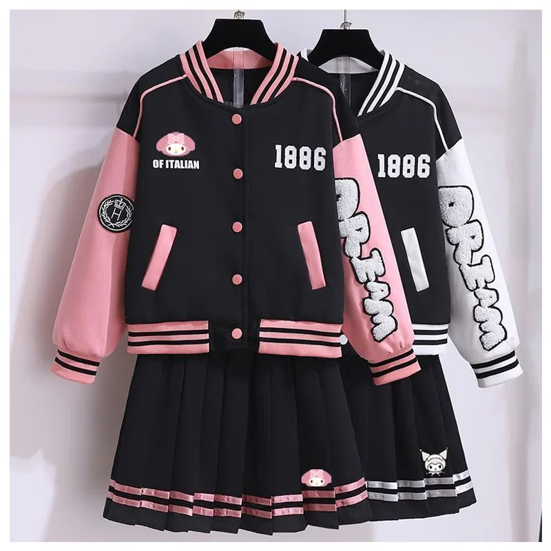 

Cute Sanrios My Melody Kuromi Children's College Style Baseball Uniform JK Pleated Skirt Set Kawaii Fashion Coat Top Short Skirt