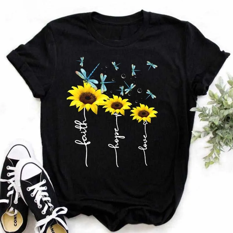 

Maycaur New Sunflower with DragonflyWomen Tshirt Harajuku Short Sleeve Black T Shirts Cartoon Casual Woman Tops Tees Clothes