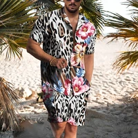 2022 summer hawaii shirt men suit leopard print short sleeve beach shorts shirts 2 piece set travel single breasted cardigan