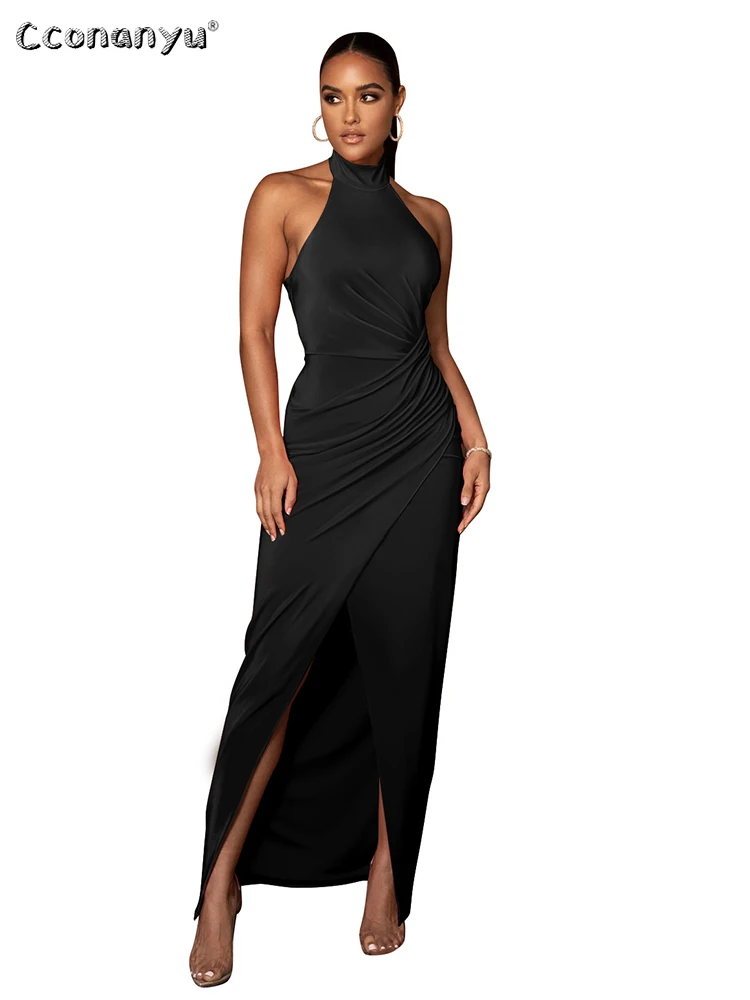 

Summer Ladies Long Dress Sexy Casual Solid Slim Fit Black Folding Maxi Halter Evening Elegant Prom Party Dresses for Women 2023
