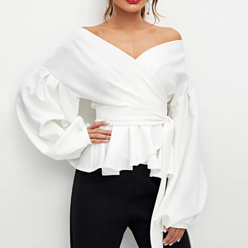 

White Office Lady Elegant Lantern Sleeve Surplice Peplum Off Shoulder Solid Blouse Autumn Sexy Women Tops And Blouses -CH36