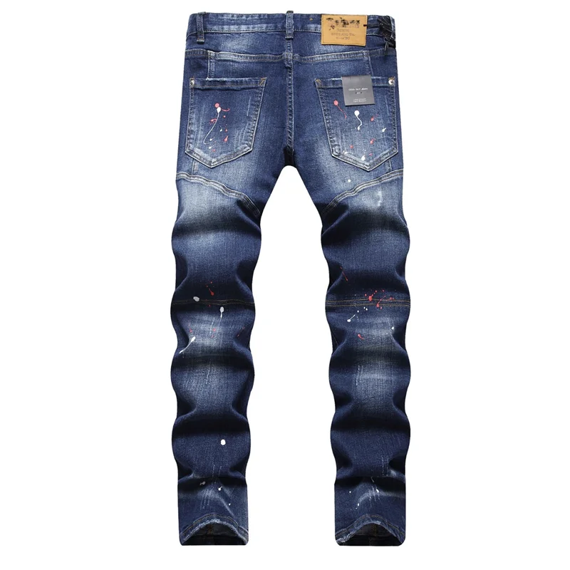 EH·MD® Perforated Splash-Ink Jeans Men's Wear And Tear Patchwork Trousers Cotton High Elastic Slim 3D Metal Pendant Double Layer
