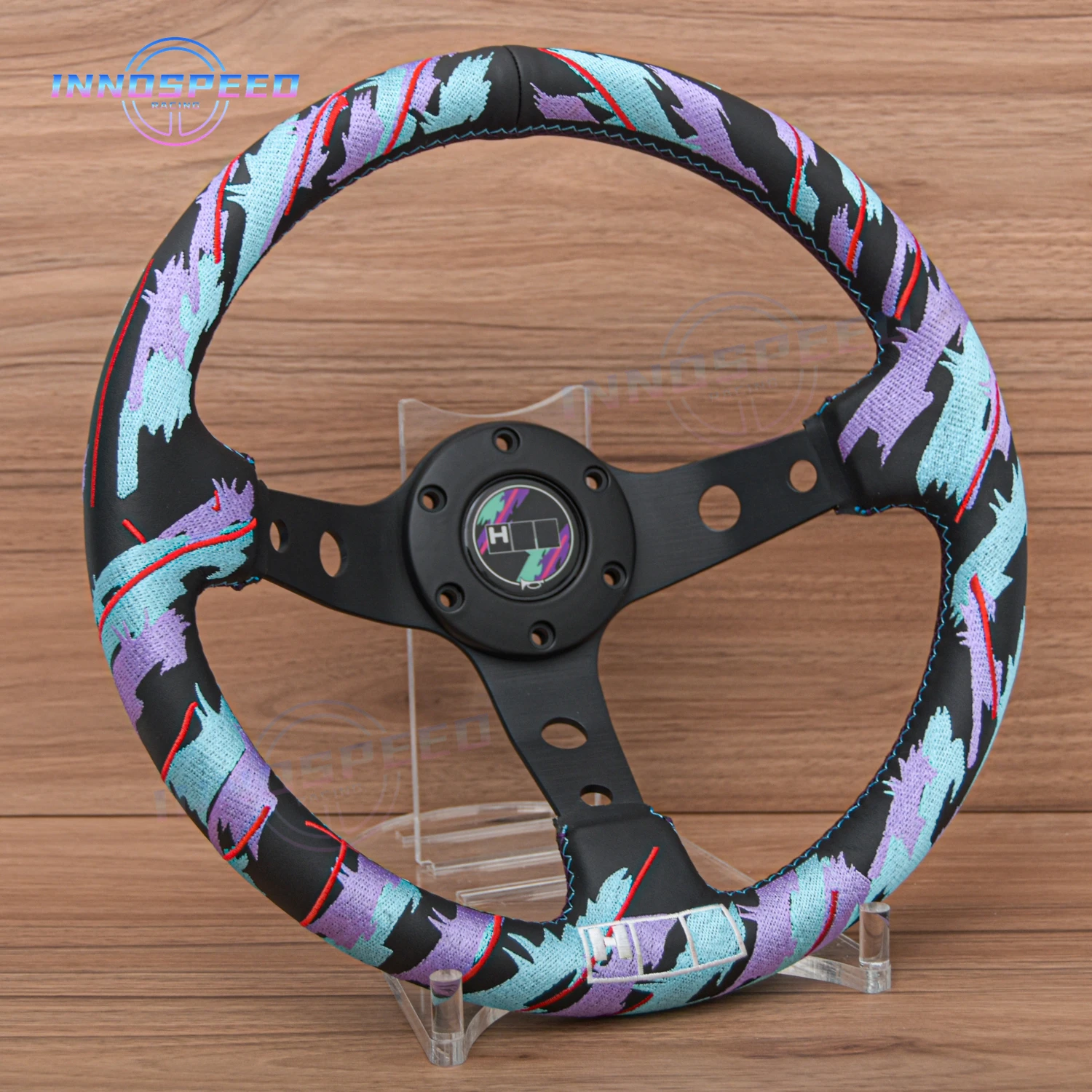 Фото Новый 13-дюймовый 320-миллиметровый игровой руль JDM Sim Racing, универсальный кожаный руль с камуфляжной вышивкой и глубоким блюдом №3