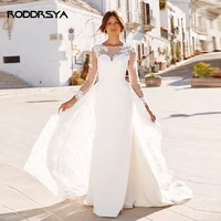 roddrsya elegant o neck wedding dress boho long sleeve lace appliques bridal gown removable skirt illusion backless buttons