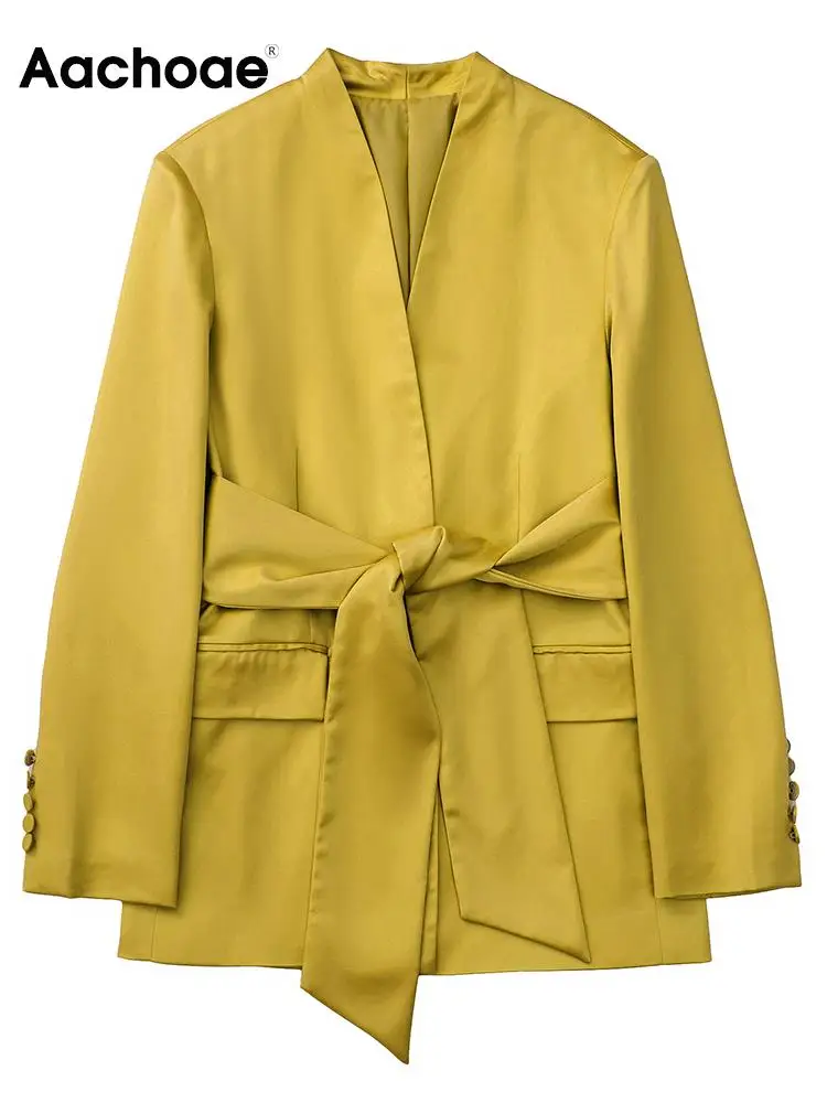 

Aachoae Women Elegant Solid Color Blazer Suits Casual Long Sleeve Blazers With Pocket Ladies Office Wear Jacket Coats With Belt