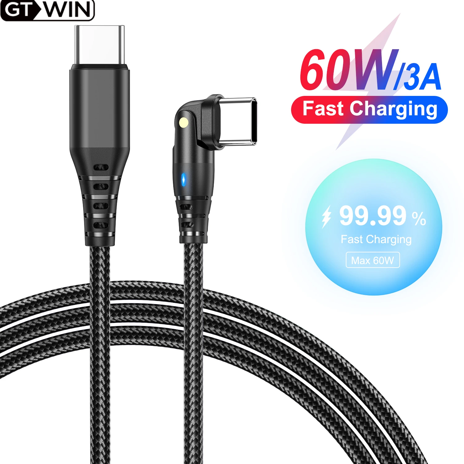 

Вращающийся на 180 градусов кабель GTWIN USB C к USB Type C PD 60 Вт, кабель для быстрой зарядки для Samsung, Huawei, Xiaomi, быстрая зарядка 3,0, шнур для игр