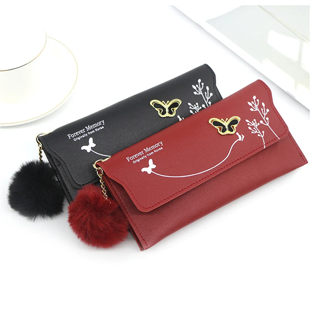 

Butterfly Designer Women Long Wallets PU Leather Money Bag Solid Wool Ball Bow Clutch Bag Large Capacity Card Bag Coin Purse