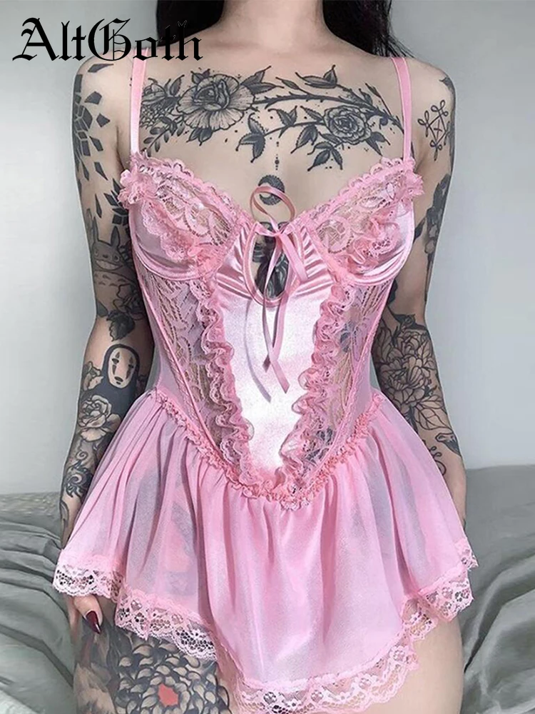 AltGoth Sexy Pink Lace Jumpsuit Women Vintage Fairy Grunge Hollow Out See Through Bodysuit Y2k Aesthetic Mall Goth Lace Rompers